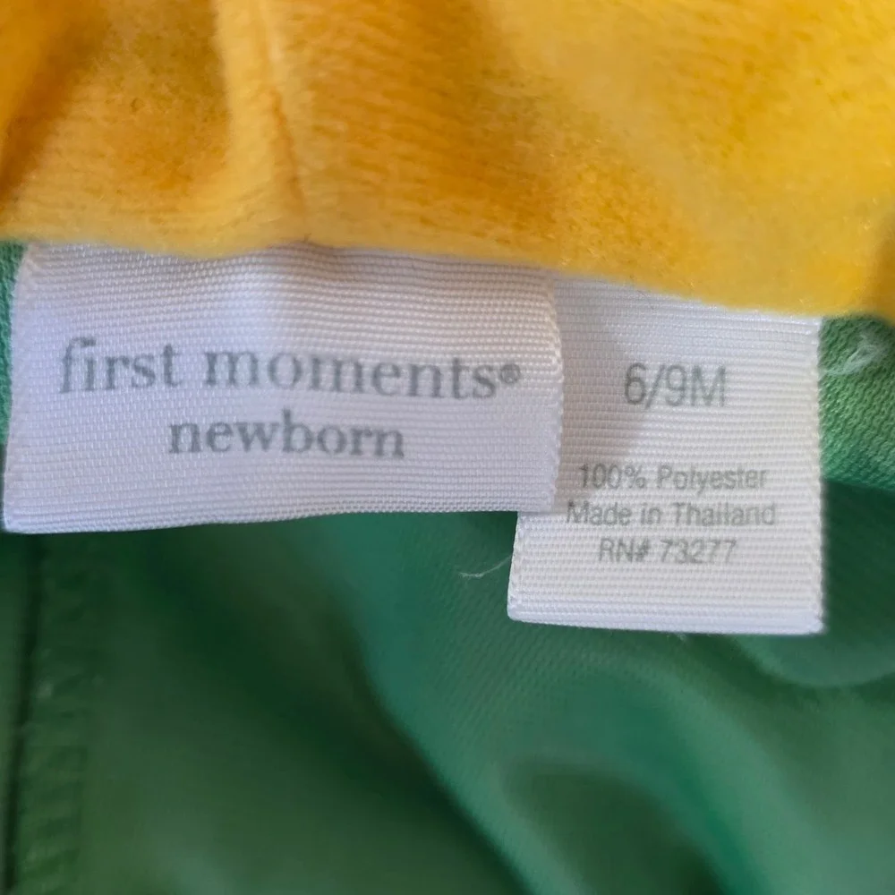 First Moments Frog Costume Baby 6/9M Green Yellow Spotted Plush Hooded Zip Up
